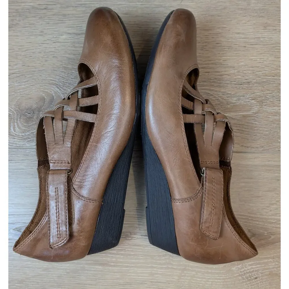 Rockport Cobb Hill Leather Wedge Heels 9.5 Brown Mary Jane Strappy Comfort Shoe